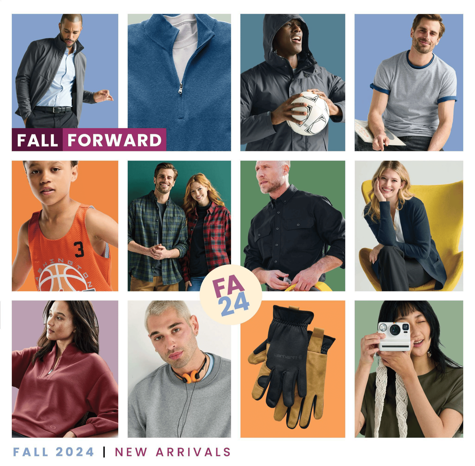 collage of people wearing branded apparel and promo products - QRG 2024 Fall Forward Catalog cover image