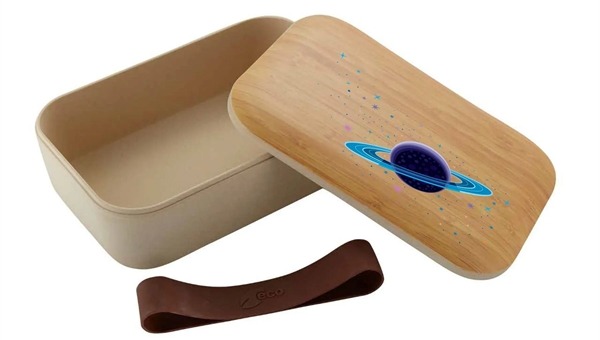 Bamboo Bento Lunch Box with brown rubber strap and Saturn logo