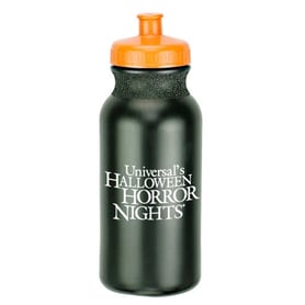 dark green plastic water bottle with orange top and branded for Universal's Halloween Horror Nights - 20 oz. Custom Plastic Water Bottles 
