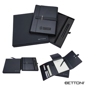 black leather journal & pen gift set with black box packaging