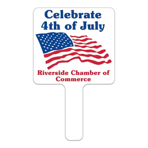 white handheld plastic rally fan with American flag and Independence Day messaging