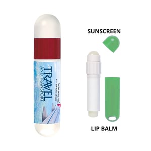 SPF Sunscreen & Lip Balm combo tool with branded label