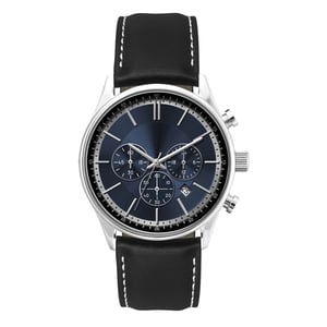 watch with silver stainless steel case, blue dial, and leather strap