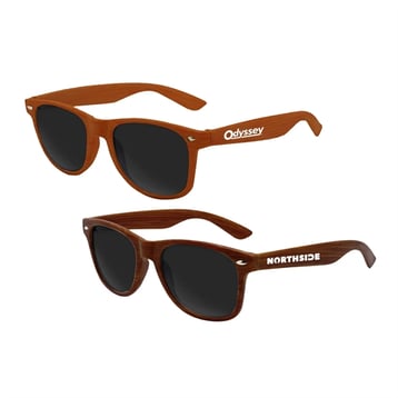 wood tone brown and orange sunglasses with brand name on side