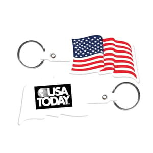 U.S. Flag shaped key tag and ring with logo on back and flag design on front