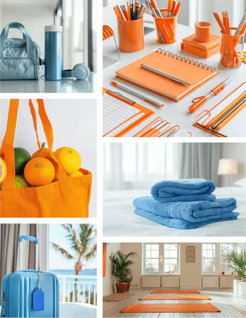 A collage of 6 images of various products with blue and/or Orange colors